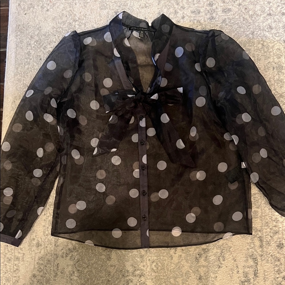 White House Black Market Sheer Black Polka Dot Blouse